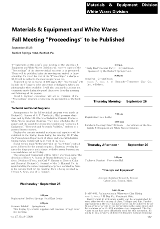 Materials & Equipment and White Wares Fall Meeting Proceedings to be Published 