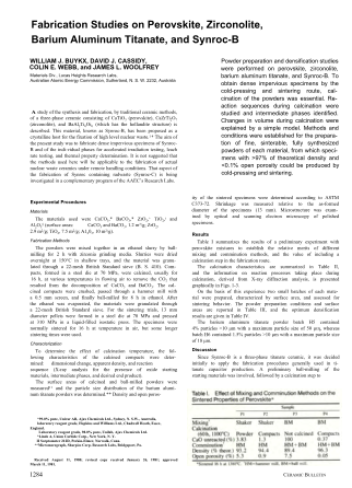 Fabrication Studies on Perovskite, Zirconolite, Barium Aluminum Titanate and Synroc-B